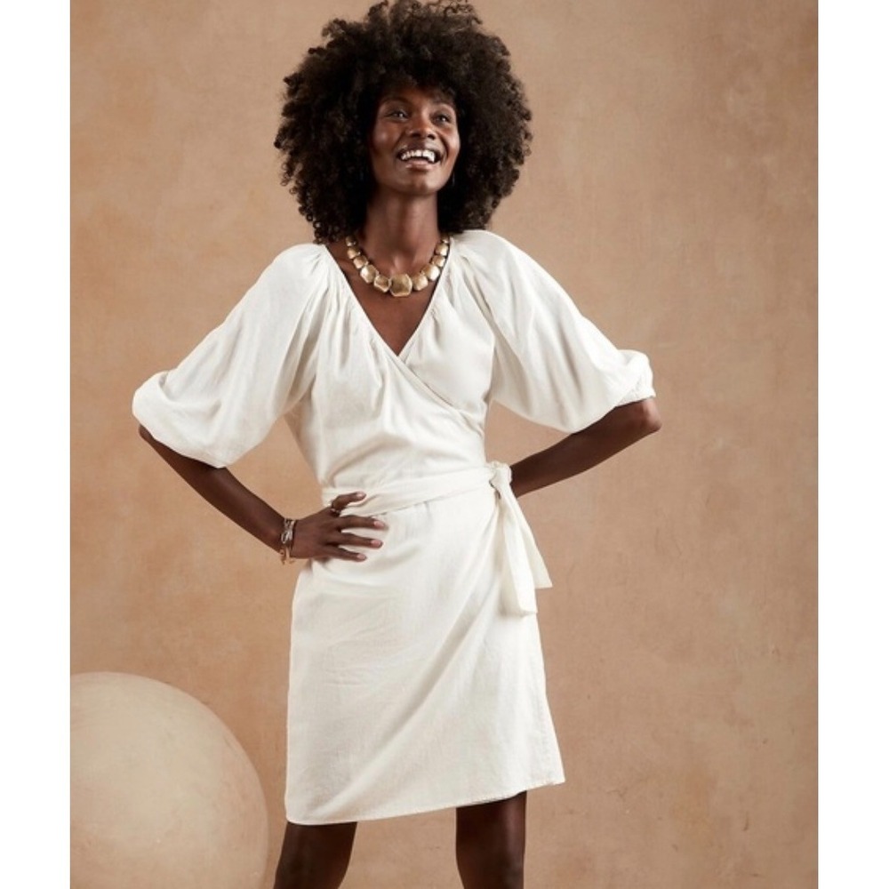 Banana Republic Ivory Wrap Mini Dress with Puff Sleeves